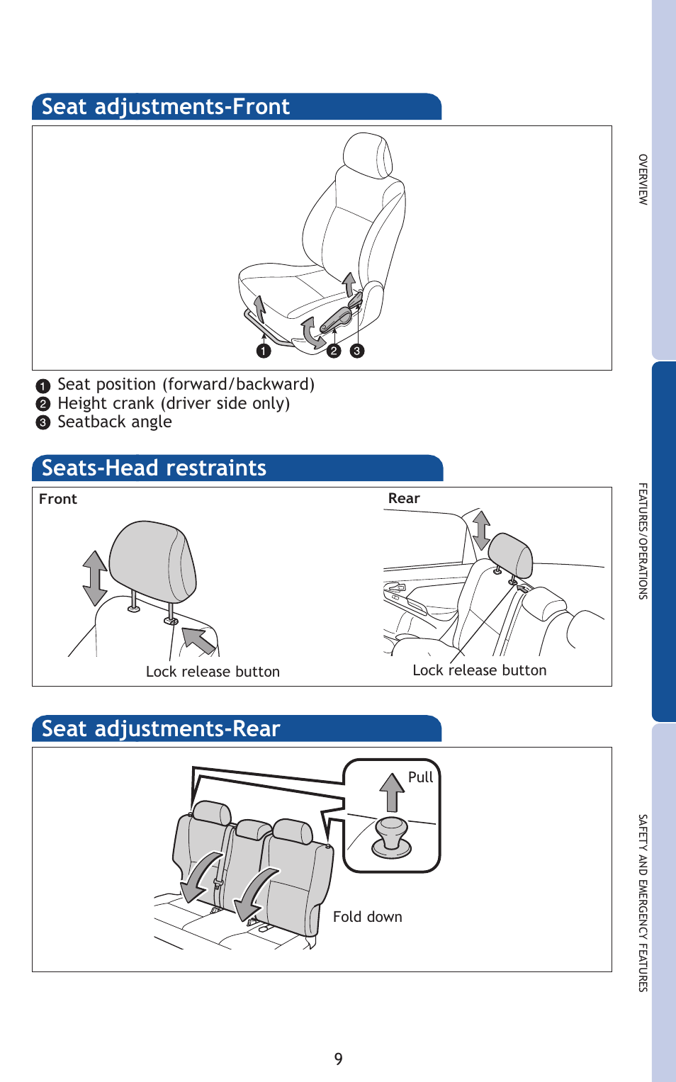Seat adjustments-rear seat adjustments-front, Seats-head restraints | TOYOTA 2011 Matrix User Manual | Page 34 / 516