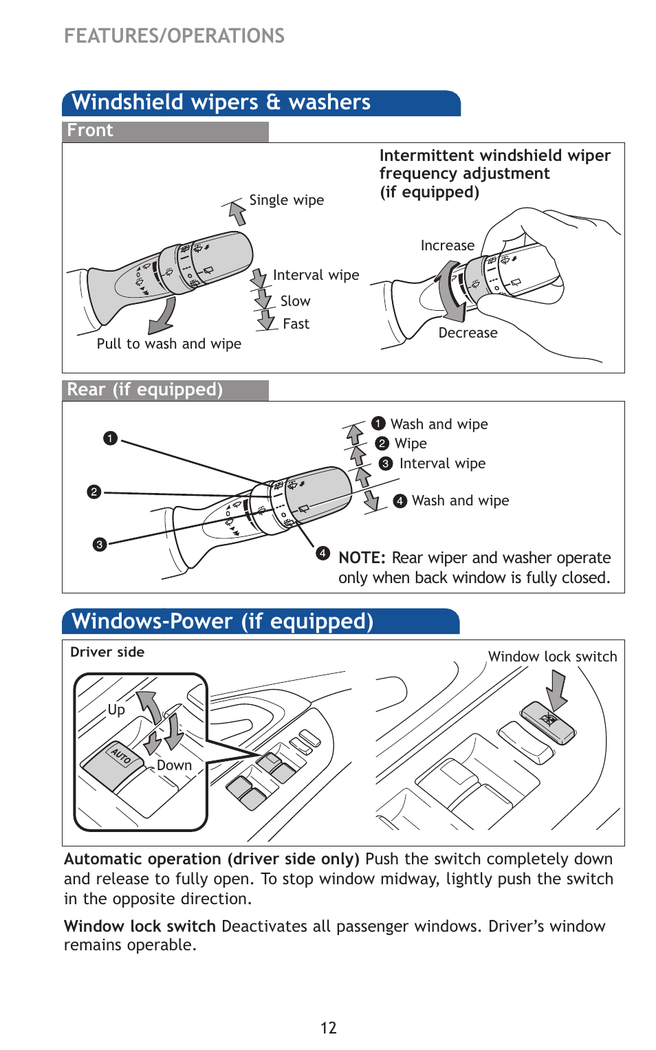 Windows-power (if equipped), Windshield wipers & washers, Features/operations | TOYOTA 2011 Matrix User Manual | Page 37 / 516