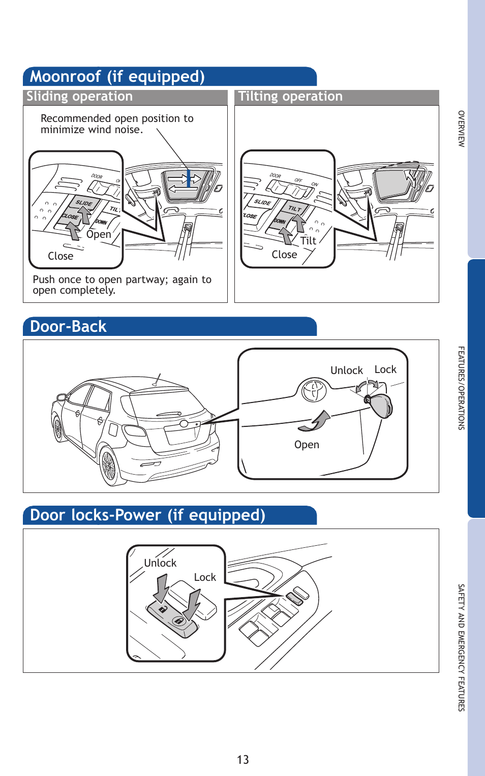 Door-back, Moonroof (if equipped), Door locks-power (if equipped) | Sliding operation tilting operation | TOYOTA 2011 Matrix User Manual | Page 38 / 516