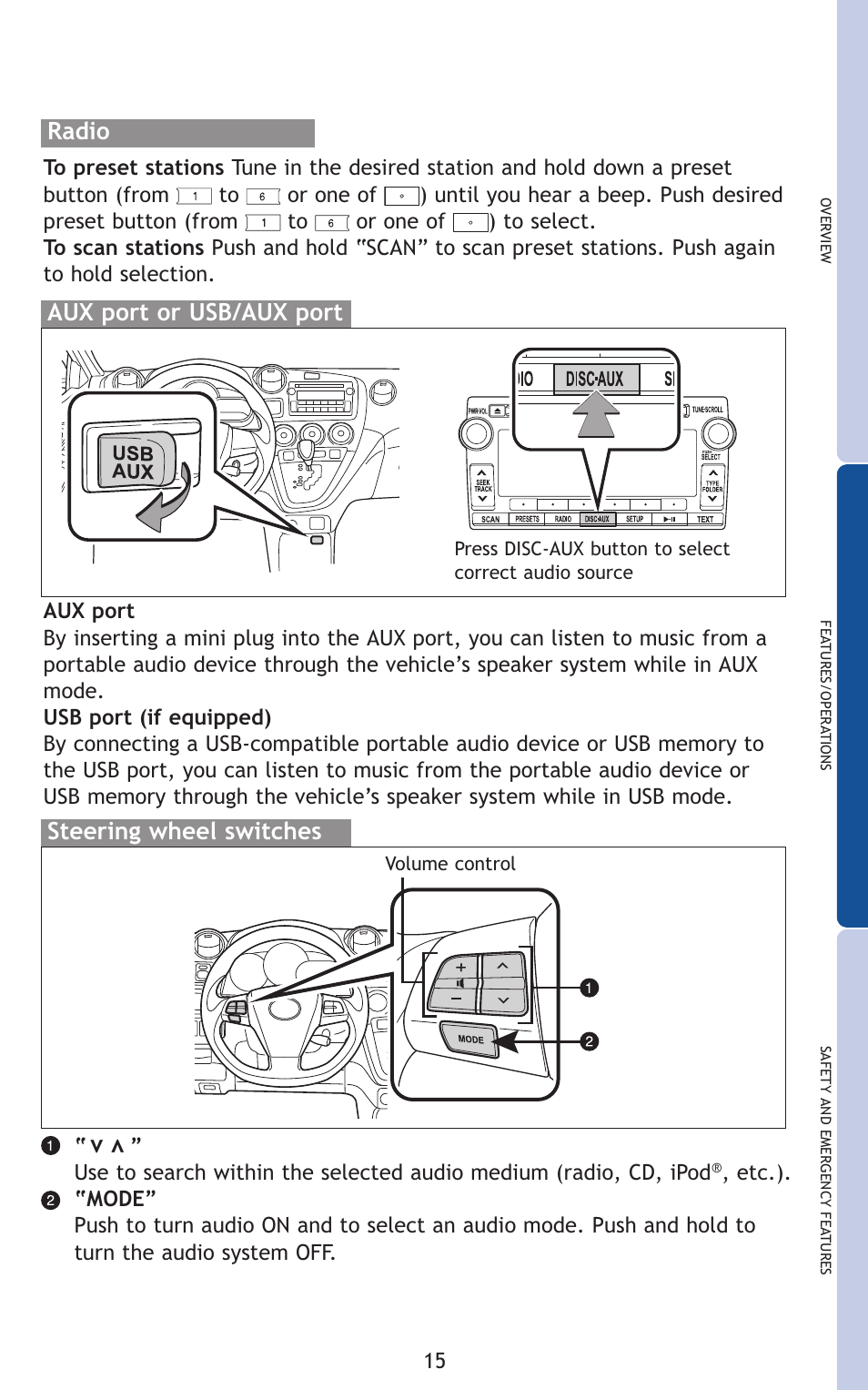 Radio, Vaux port or usb/aux port steering wheel switches | TOYOTA 2011 Matrix User Manual | Page 40 / 516