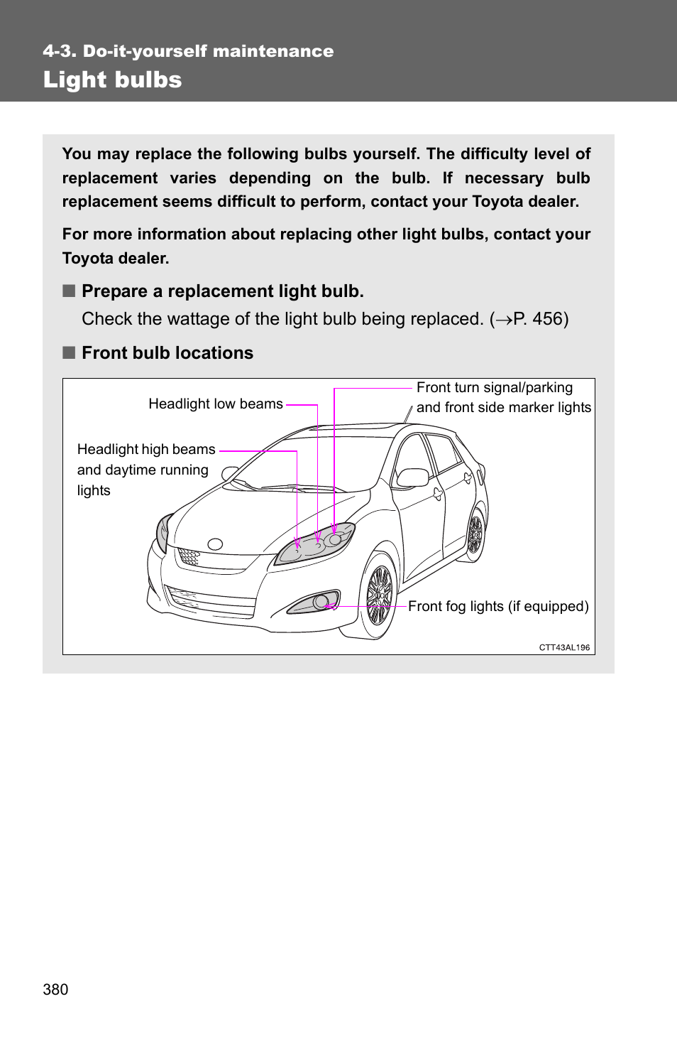 Light bulbs | TOYOTA 2011 Matrix User Manual | Page 401 / 516