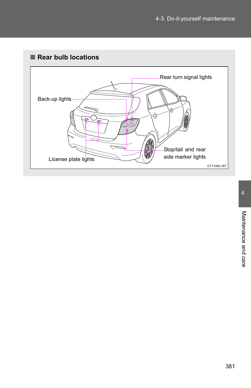 Rear bulb locations | TOYOTA 2011 Matrix User Manual | Page 402 / 516