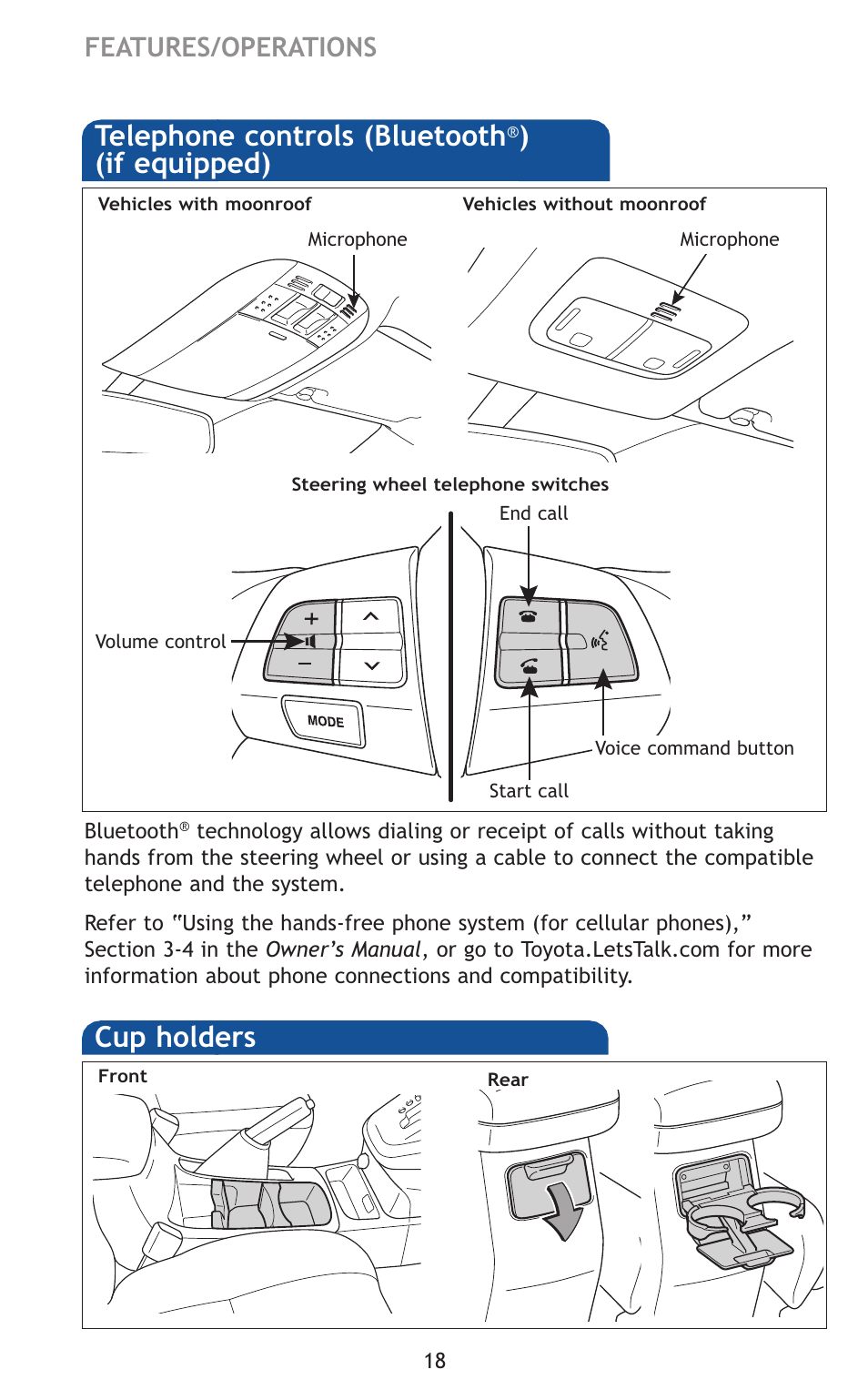 Telephone controls (bluetooth, If equipped), Cup holders | Features/operations | TOYOTA 2011 Matrix User Manual | Page 43 / 516