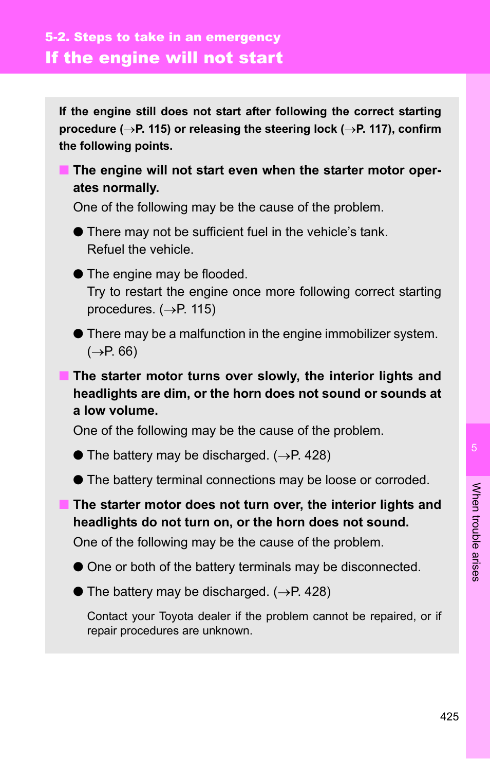 If the engine will not start | TOYOTA 2011 Matrix User Manual | Page 445 / 516