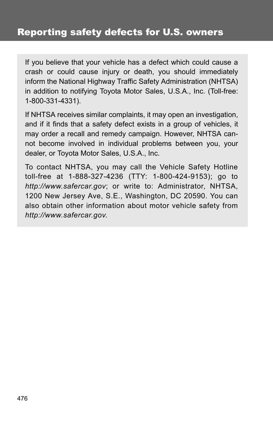 Sec_07-01, Reporting safety defects for u.s. owners | TOYOTA 2011 Matrix User Manual | Page 494 / 516