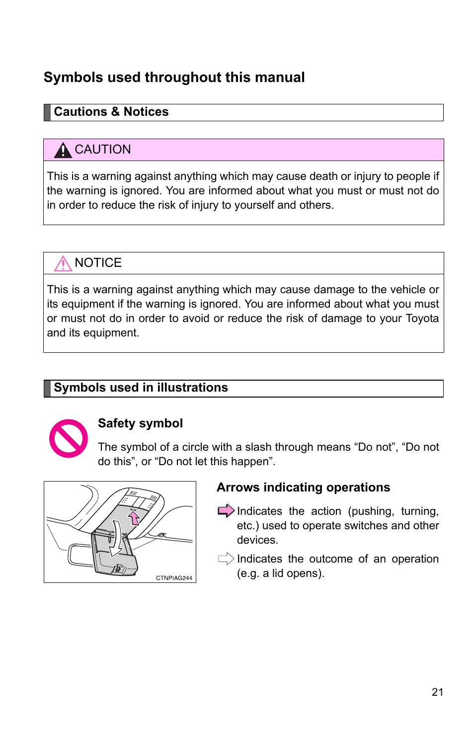 Symbols used throughout this manual | TOYOTA 2011 Matrix User Manual | Page 5 / 516