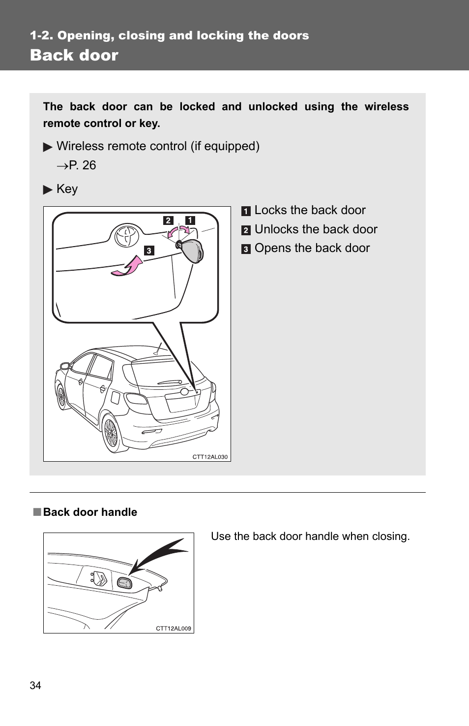 Back door | TOYOTA 2011 Matrix User Manual | Page 58 / 516