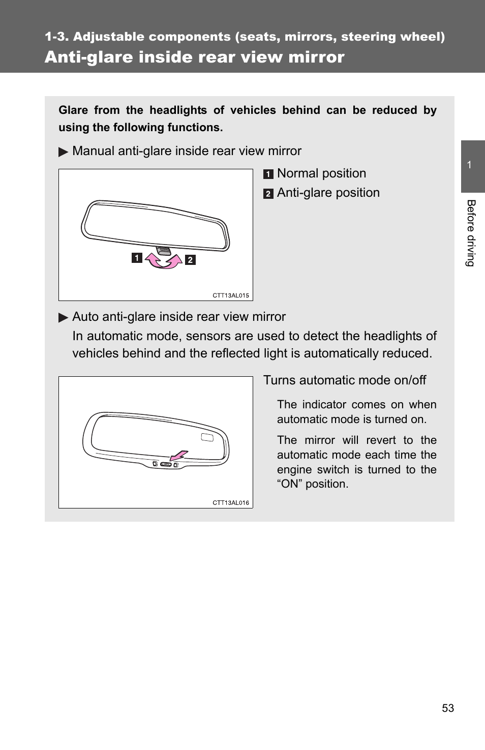 Anti-glare inside rear view mirror | TOYOTA 2011 Matrix User Manual | Page 77 / 516