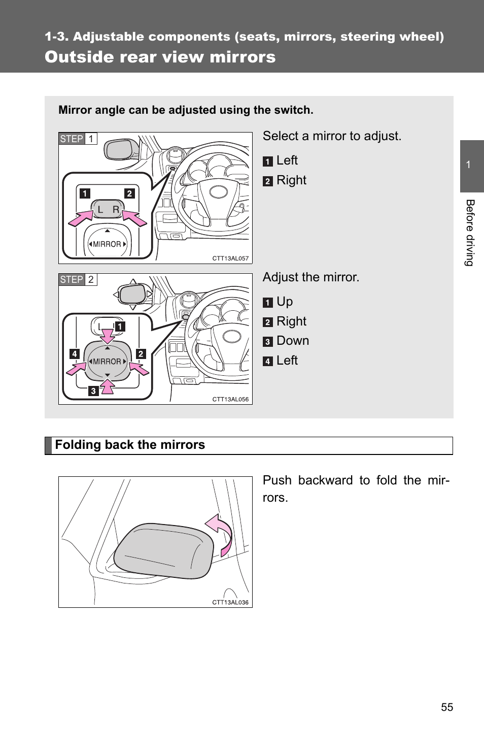 Outside rear view mirrors | TOYOTA 2011 Matrix User Manual | Page 79 / 516