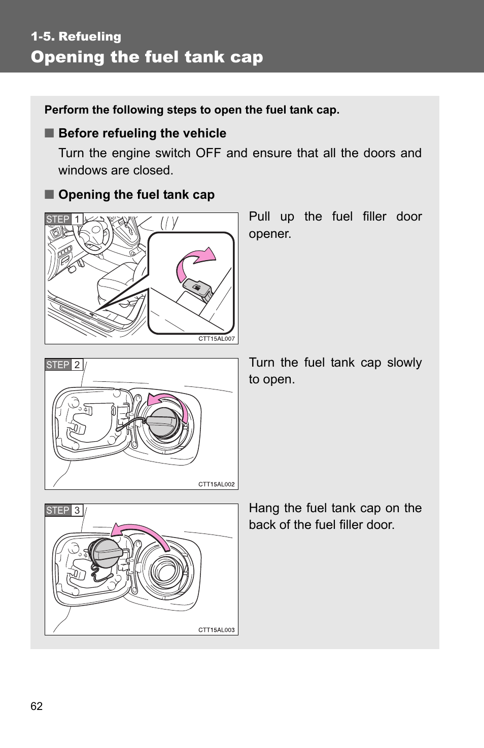 Sec_01-05, Opening the fuel tank cap | TOYOTA 2011 Matrix User Manual | Page 86 / 516