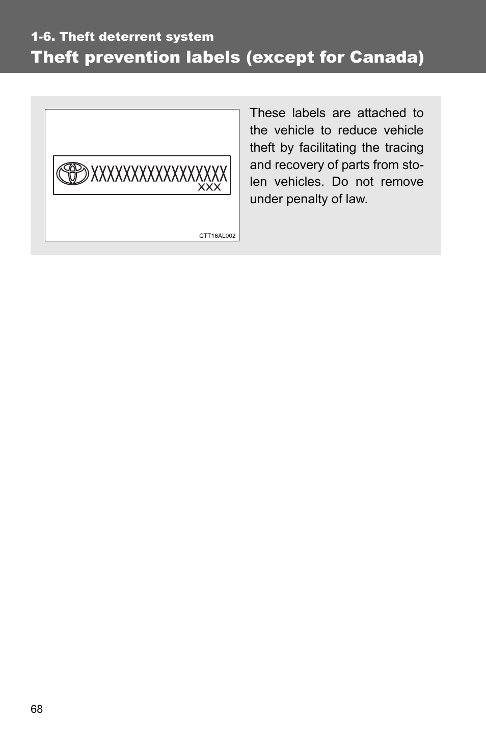 Theft prevention labels (except for canada) | TOYOTA 2011 Matrix User Manual | Page 92 / 516