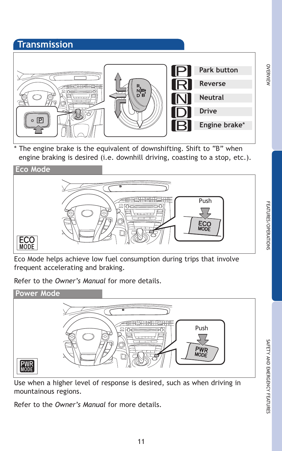 Transmission | TOYOTA 2011 Prius User Manual | Page 33 / 651