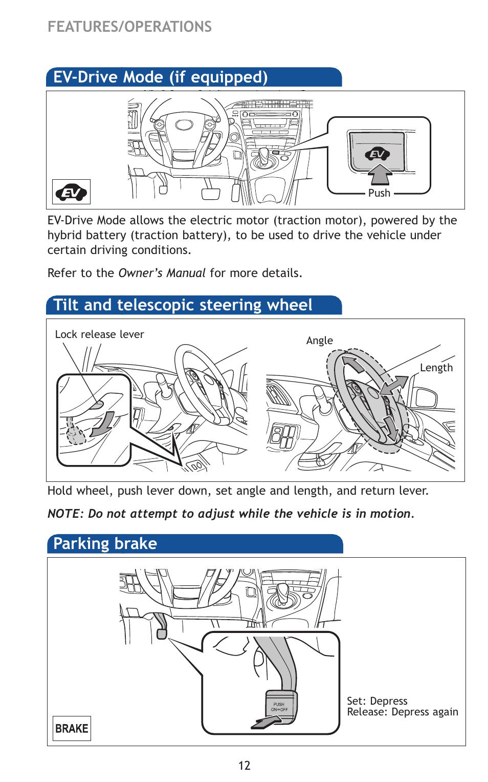 Parking brake | TOYOTA 2011 Prius User Manual | Page 34 / 651