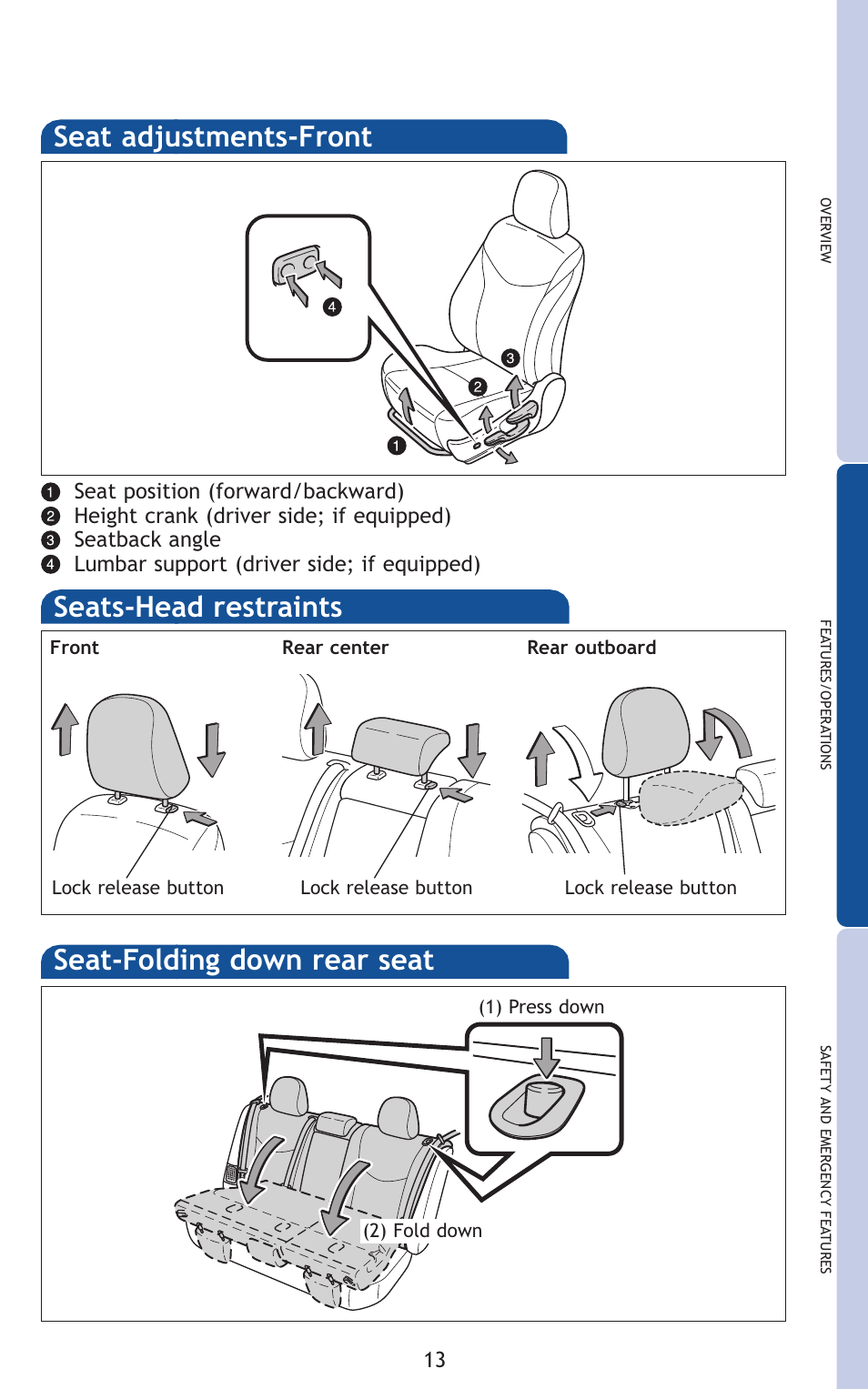 Seat adjustments-front, Seats-head restraints, Seat-folding down rear seat | TOYOTA 2011 Prius User Manual | Page 35 / 651