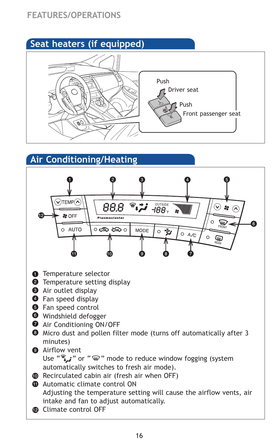 Air conditioning/heating, Seat heaters (if equipped) | TOYOTA 2011 Prius User Manual | Page 38 / 651