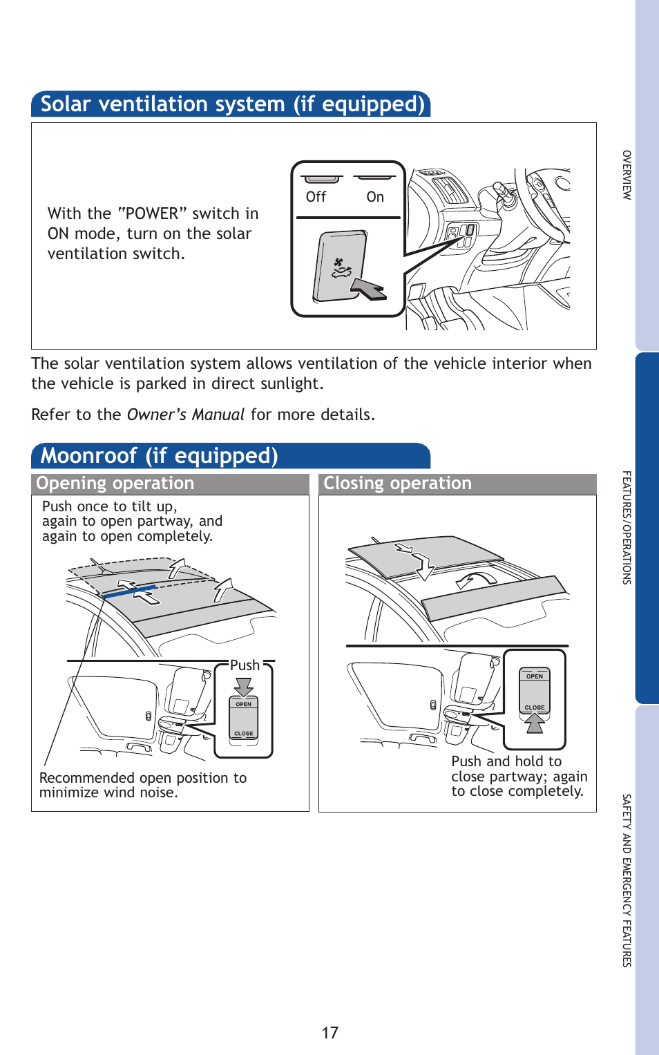 Solar ventilation system (if equipped), Moonroof (if equipped), Opening operation closing operation | TOYOTA 2011 Prius User Manual | Page 39 / 651