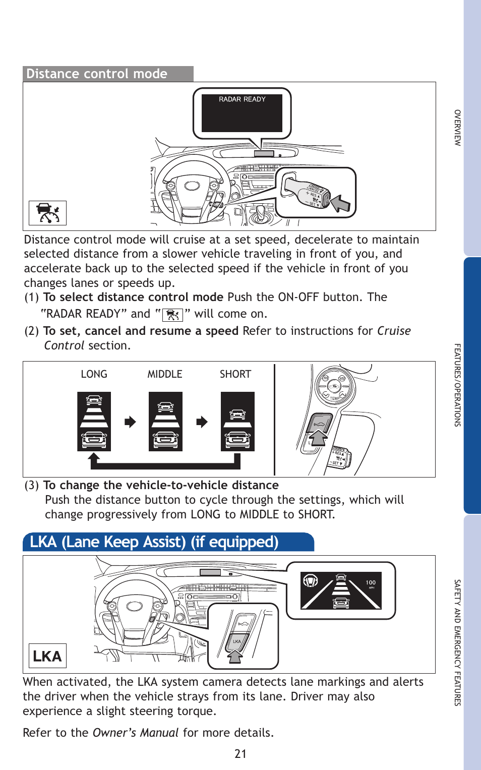 Lka (lane keep assist) (if equipped), Distance control mode | TOYOTA 2011 Prius User Manual | Page 43 / 651