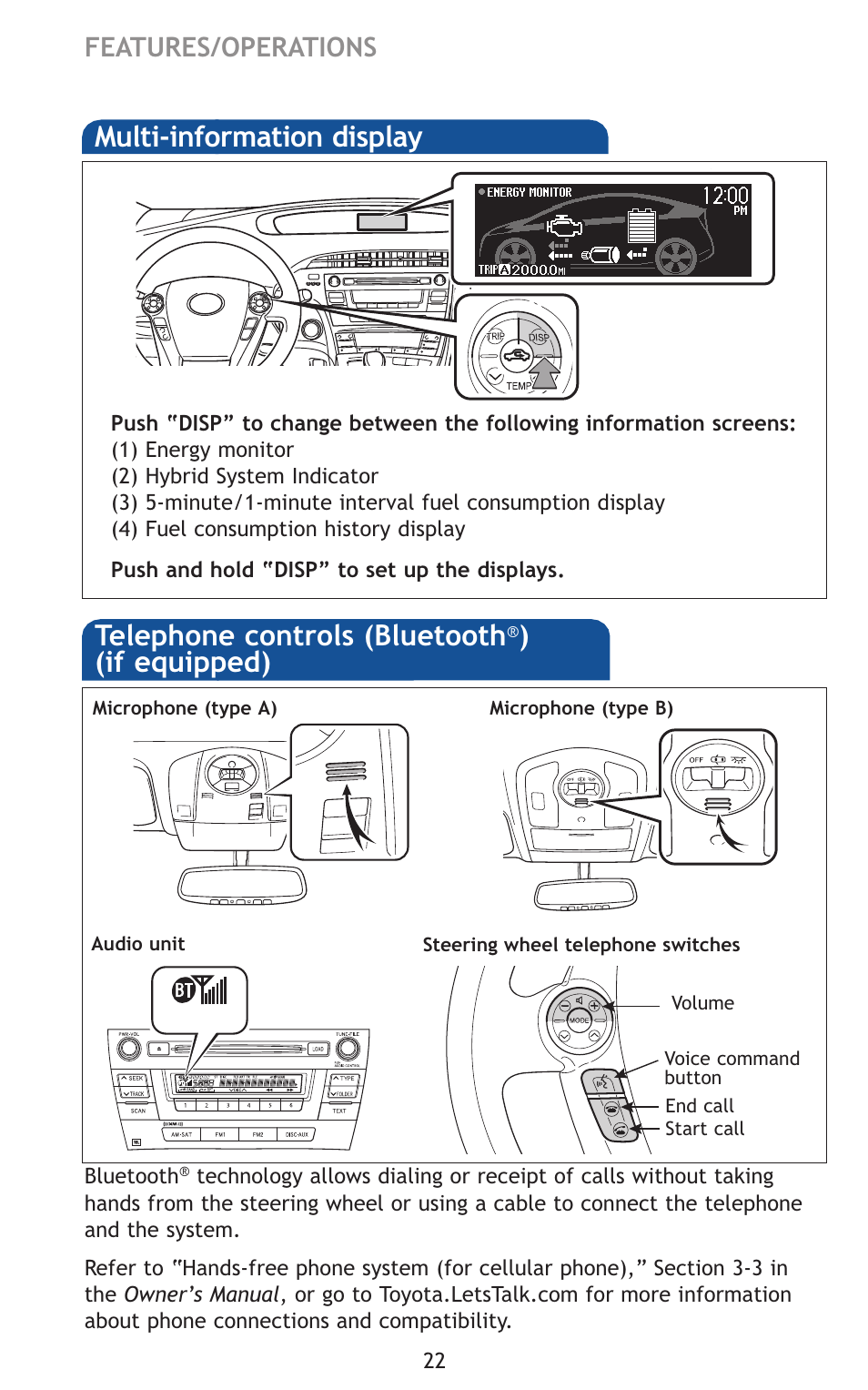 Multi-information display, Telephone controls (bluetooth, If equipped) | TOYOTA 2011 Prius User Manual | Page 44 / 651