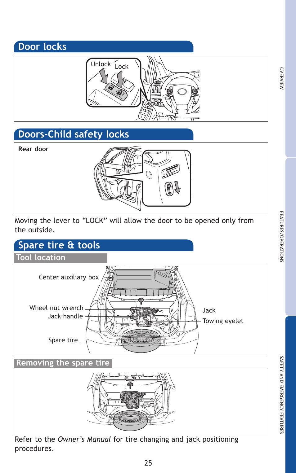 Door locks spare tire & tools, Doors-child safety locks | TOYOTA 2011 Prius User Manual | Page 47 / 651