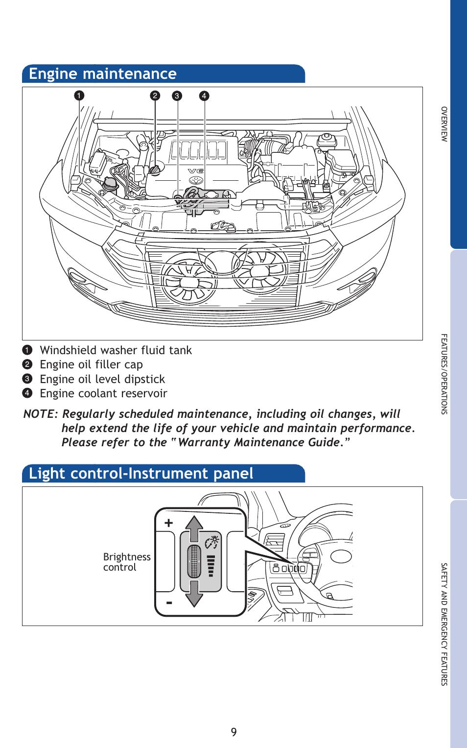 Engine maintenance light control-instrument panel | TOYOTA 2011 Highlander User Manual | Page 18 / 615