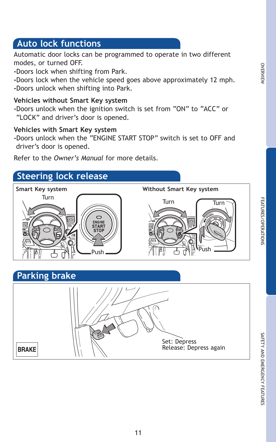 Steering lock release, Auto lock functions, Parking brake | TOYOTA 2011 Highlander User Manual | Page 20 / 615