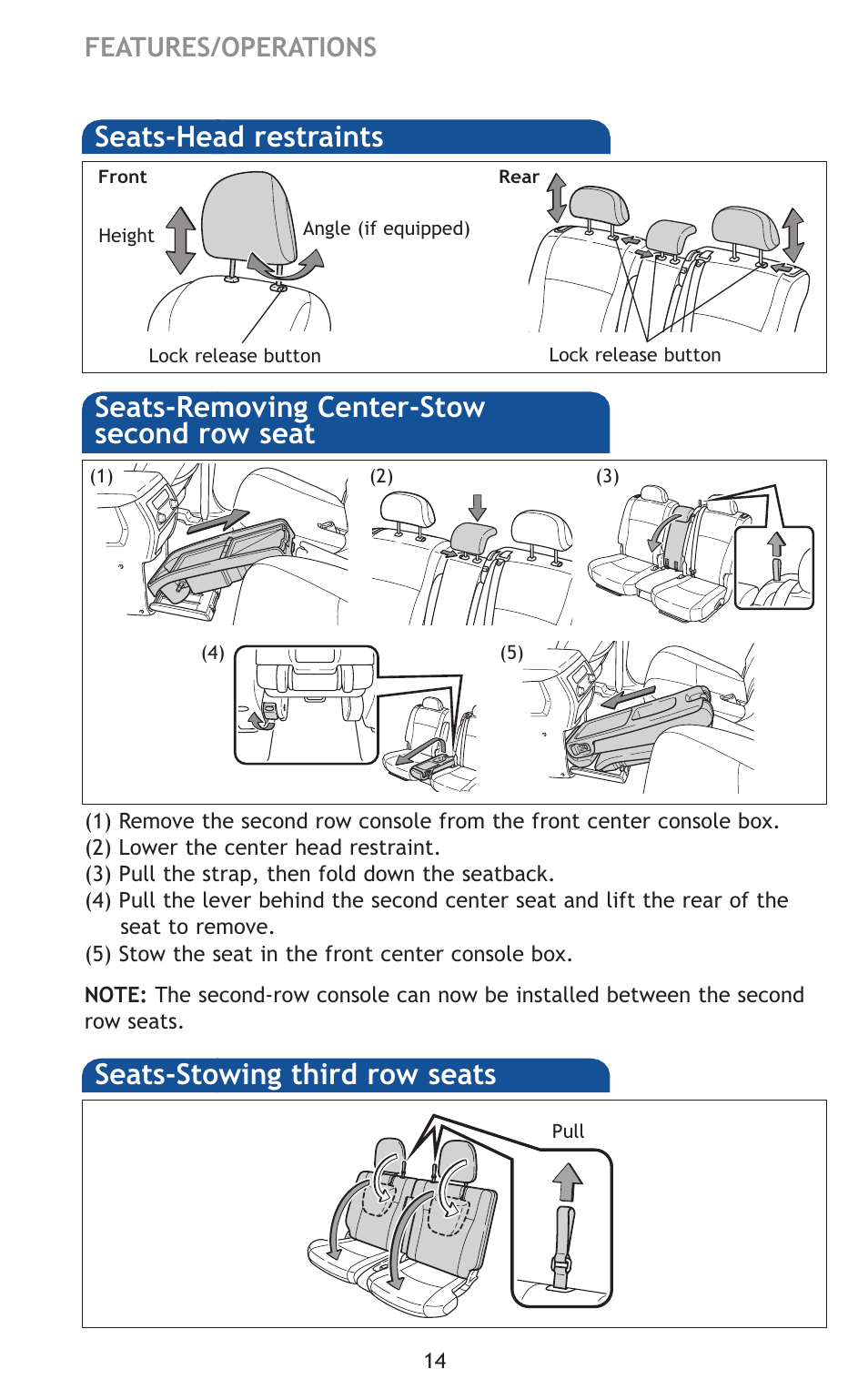 Seats-head restraints, Seats-removing center-stow second row seat sea (if, Seats-stowing third row seats | Features/operations | TOYOTA 2011 Highlander User Manual | Page 23 / 615