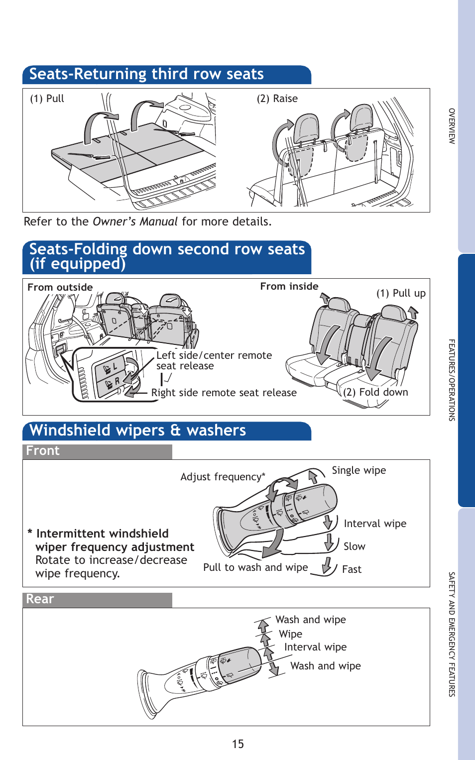 Windshield wipers & washers, Seats-folding down second row seats (if equipped), Seats-returning third row seats | Front rear | TOYOTA 2011 Highlander User Manual | Page 24 / 615