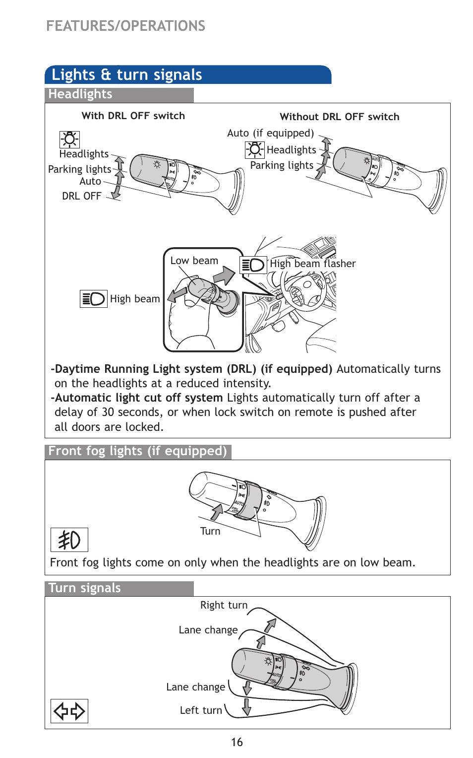 Lights & turn signals, Features/operations | TOYOTA 2011 Highlander User Manual | Page 25 / 615