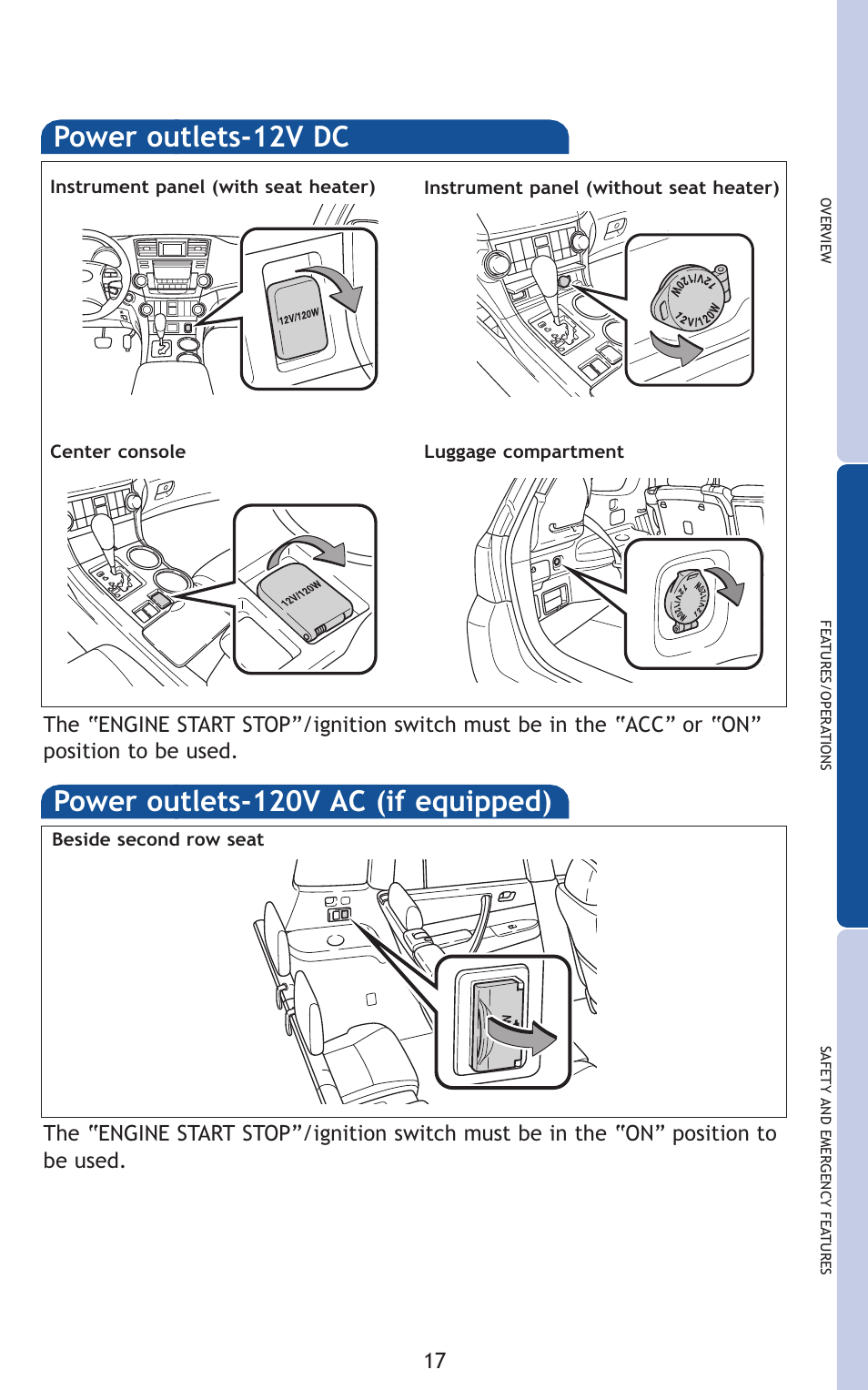Power outlets-12v dc, Power outlets-120v ac (if equipped) | TOYOTA 2011 Highlander User Manual | Page 26 / 615