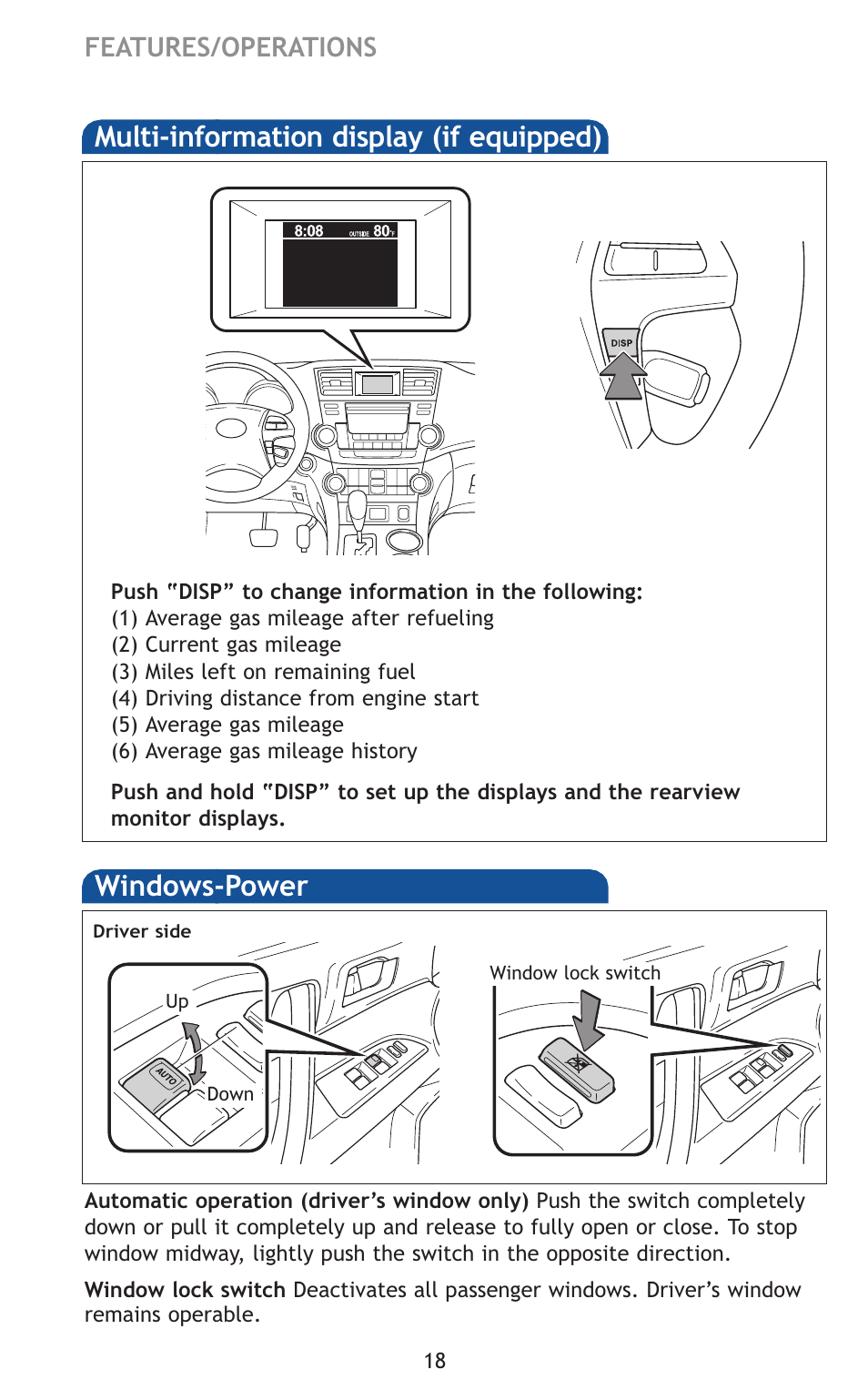 Multi-information display (if equipped), Windows-power, Te (if | Features/operations | TOYOTA 2011 Highlander User Manual | Page 27 / 615