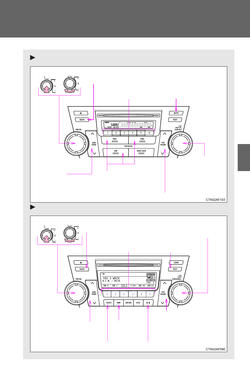 Using the radio, Type a type b and c | TOYOTA 2011 Highlander User Manual | Page 282 / 615