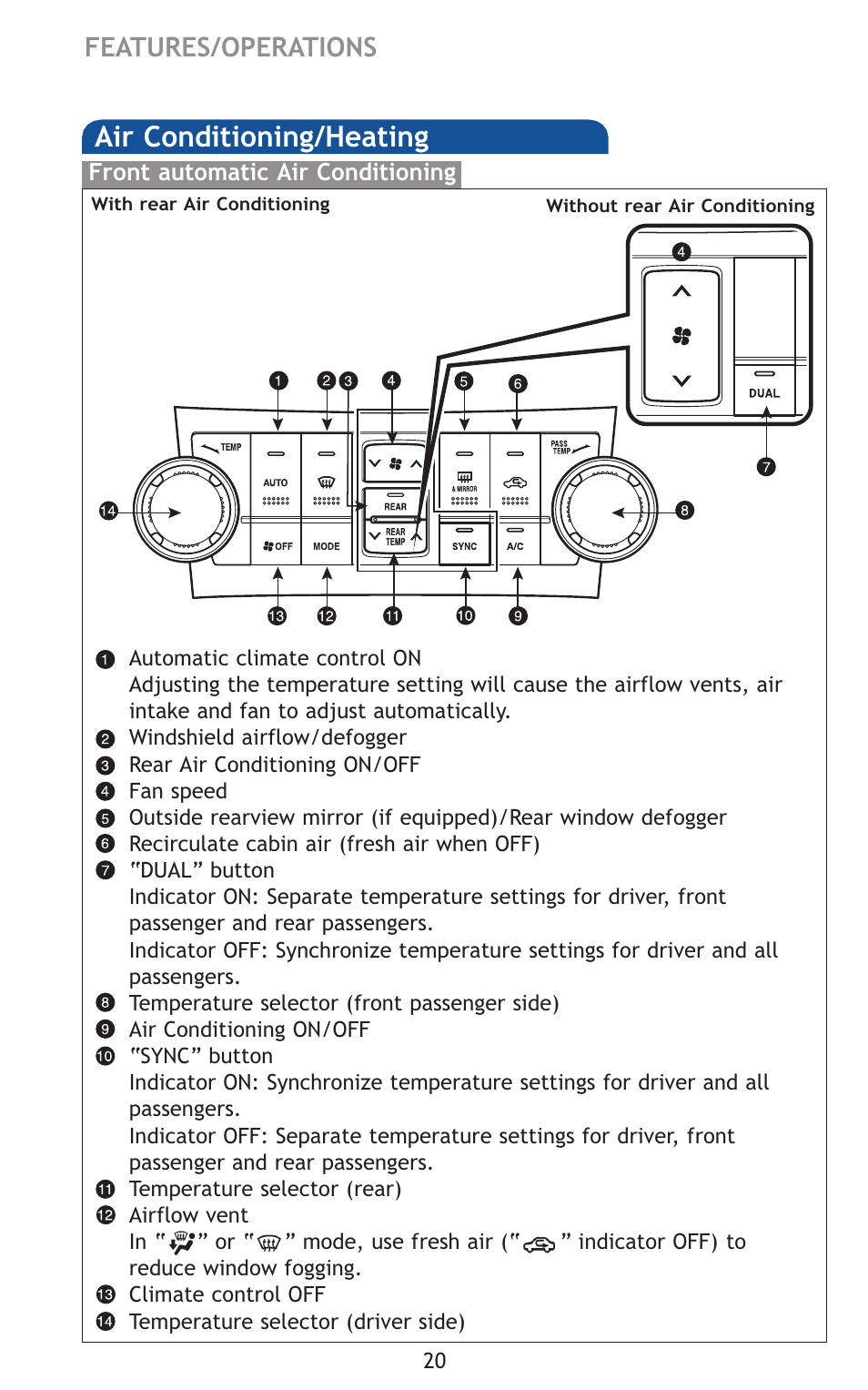 Air conditioning/heating, Features/operations | TOYOTA 2011 Highlander User Manual | Page 29 / 615