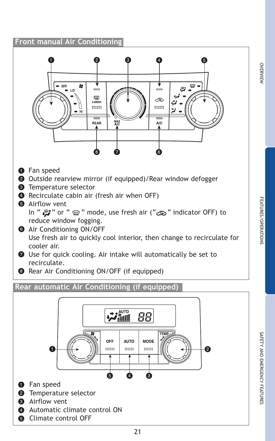 Front manual air conditioning, Rear automatic air conditioning (if equipped) | TOYOTA 2011 Highlander User Manual | Page 30 / 615