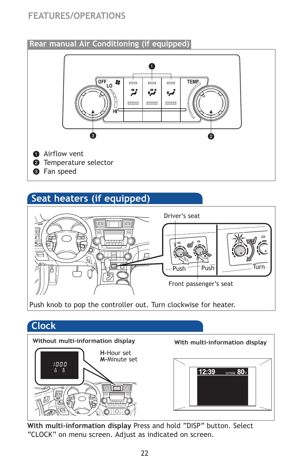 Ga (if, Seat heaters (if equipped), Clock | Features/operations | TOYOTA 2011 Highlander User Manual | Page 31 / 615