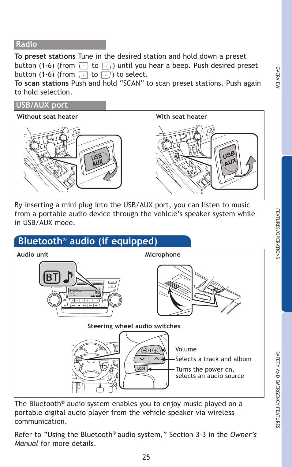 Bluetooth, Audio (if equipped), Radio | Usb/aux port | TOYOTA 2011 Highlander User Manual | Page 34 / 615