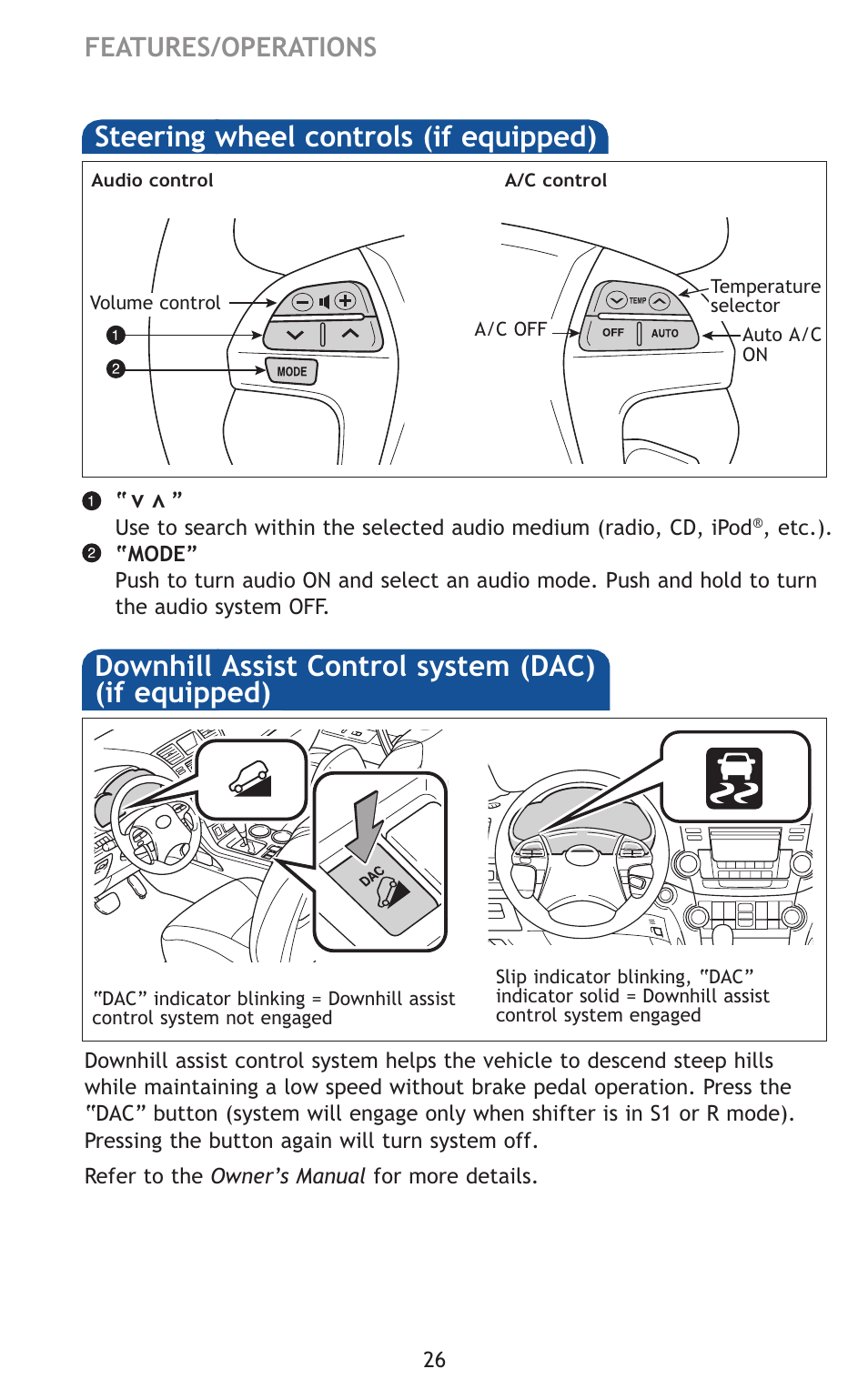 Steering wheel controls (if equipped), Features/operations | TOYOTA 2011 Highlander User Manual | Page 35 / 615