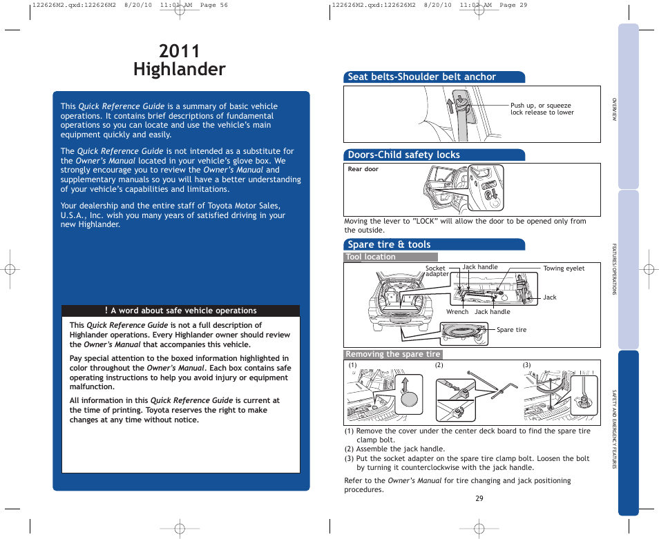 2011 highlander, Spare tire & tools, Doors-child safety locks | Seat belts-shoulder belt anchor | TOYOTA 2011 Highlander User Manual | Page 9 / 615