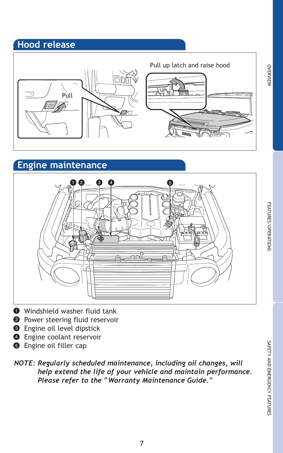 Hood release, Engine maintenance | TOYOTA 2011 FJ Cruiser User Manual | Page 31 / 543