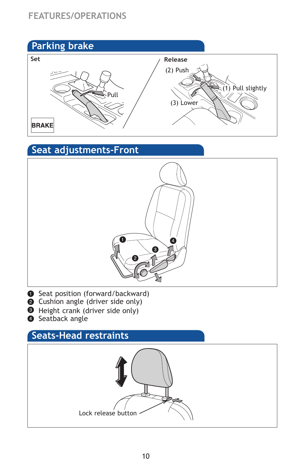 Seats-head restraints, Seat adjustments-front, Parking brake | Features/operations | TOYOTA 2011 FJ Cruiser User Manual | Page 34 / 543