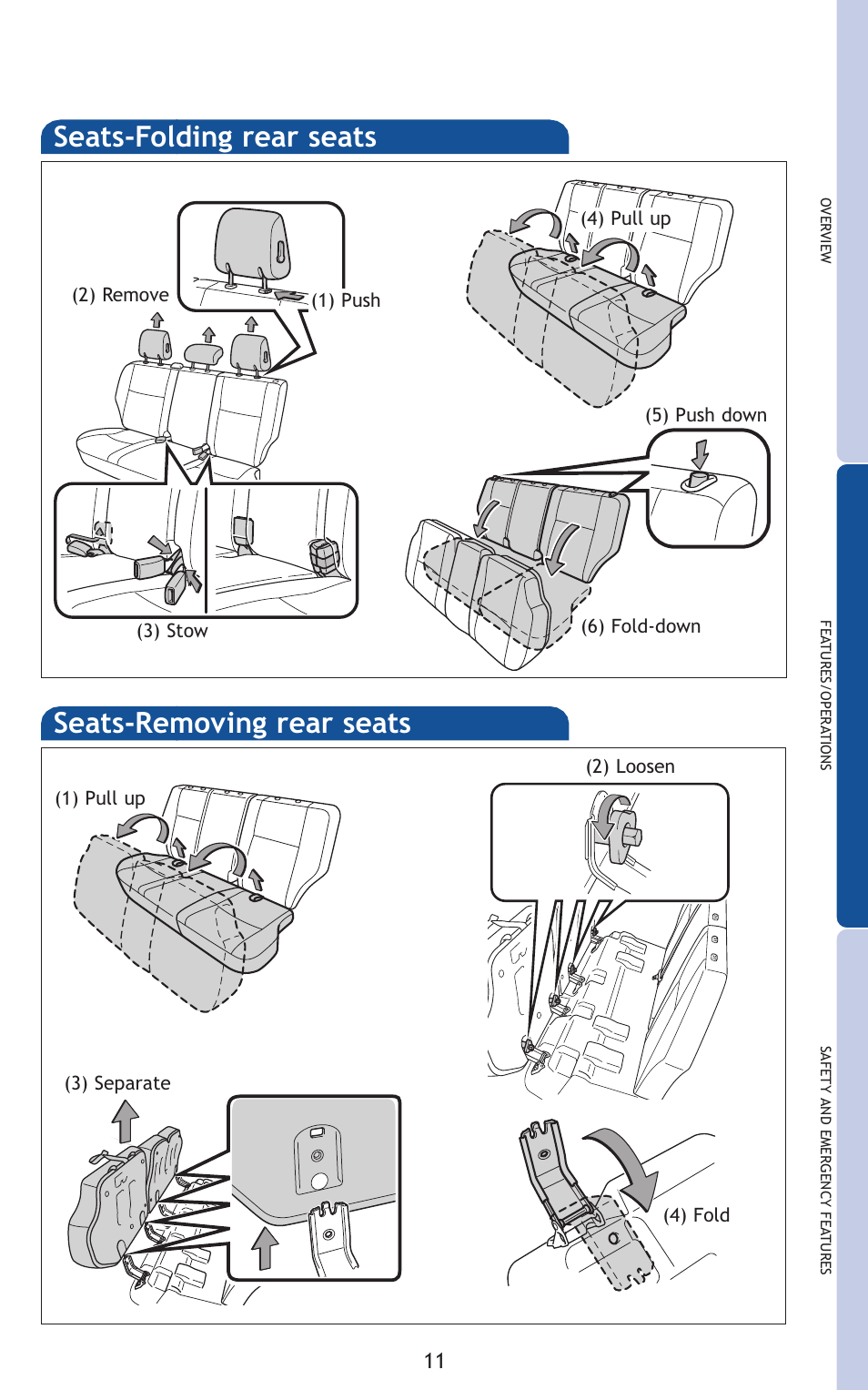 Seats-folding rear seats, Seats-removing rear seats | TOYOTA 2011 FJ Cruiser User Manual | Page 35 / 543