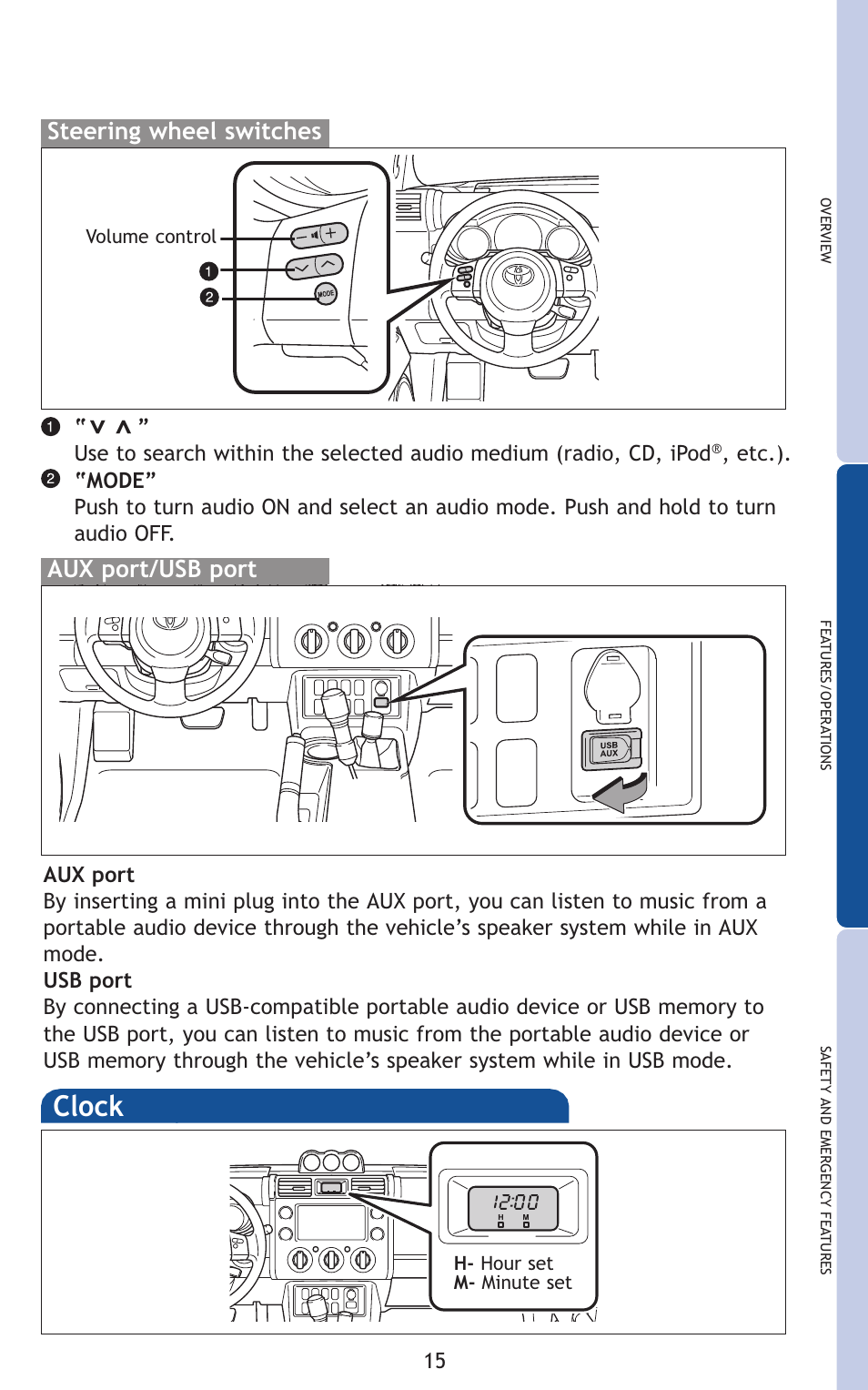 Clock, Steering wheel switches, Aux port/usb port | TOYOTA 2011 FJ Cruiser User Manual | Page 39 / 543