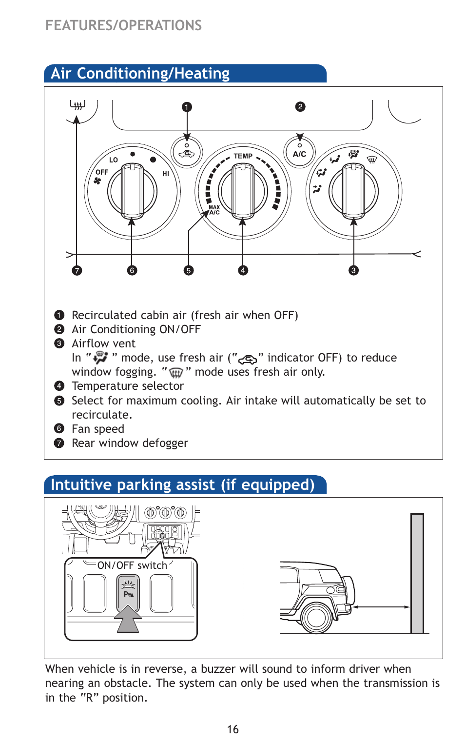 Intuitive parking assist (if equipped), Air conditioning/heating, Features/operations | TOYOTA 2011 FJ Cruiser User Manual | Page 40 / 543