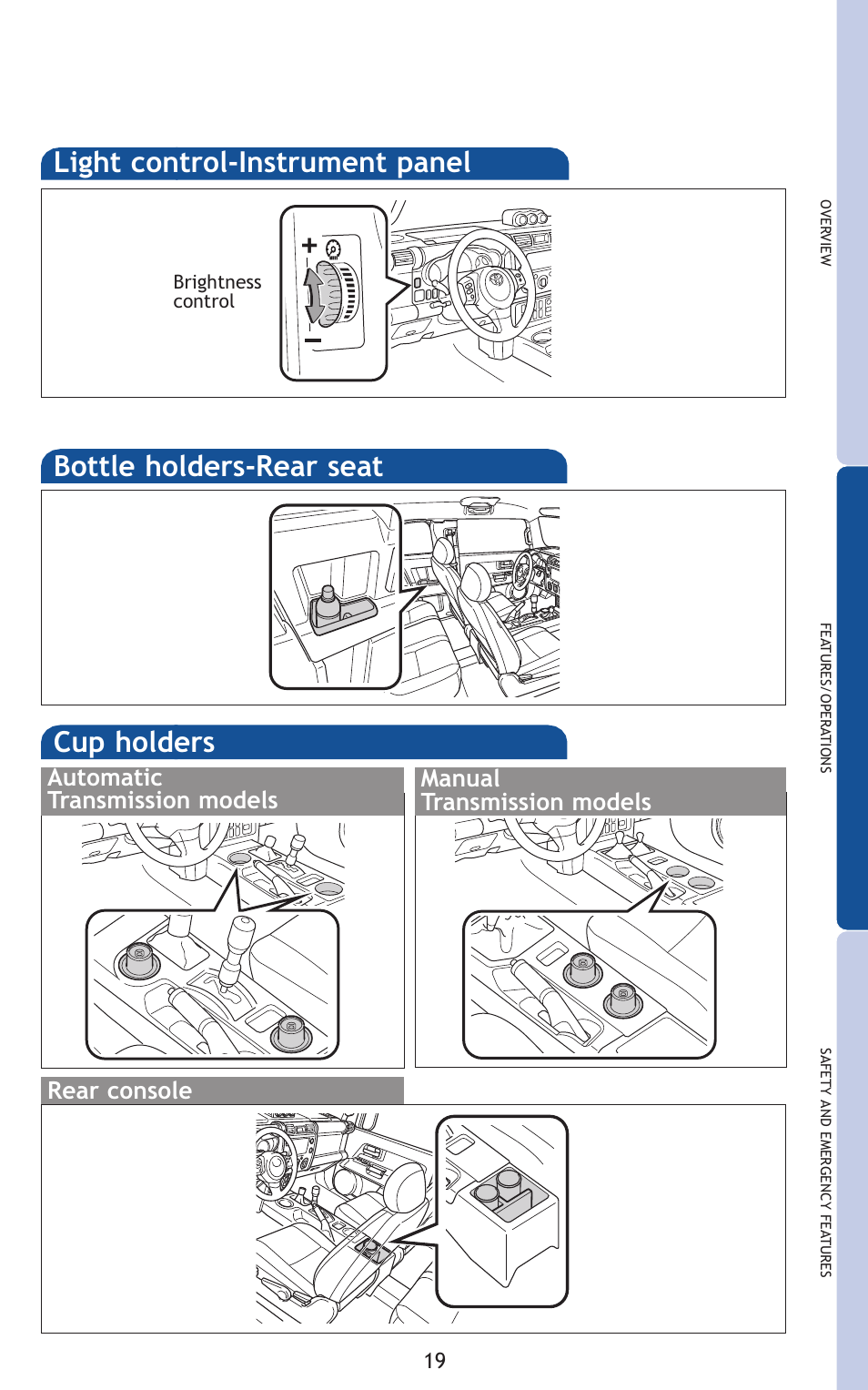 Bottle holders-rear seat cup holders, Light control-instrument panel | TOYOTA 2011 FJ Cruiser User Manual | Page 43 / 543