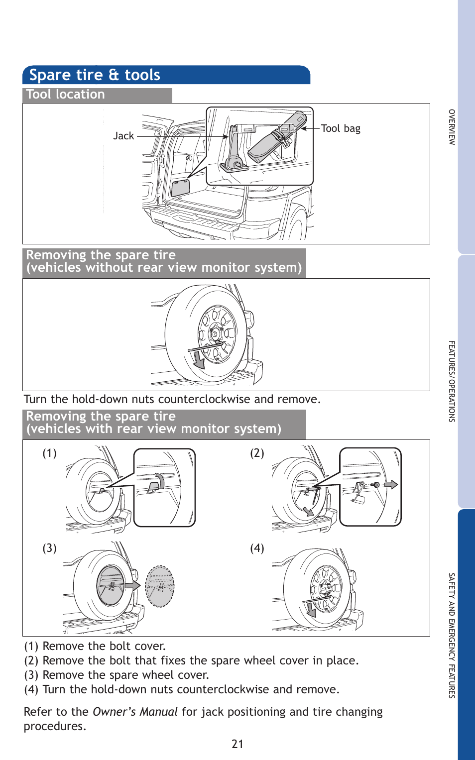 Spare tire & tools | TOYOTA 2011 FJ Cruiser User Manual | Page 45 / 543