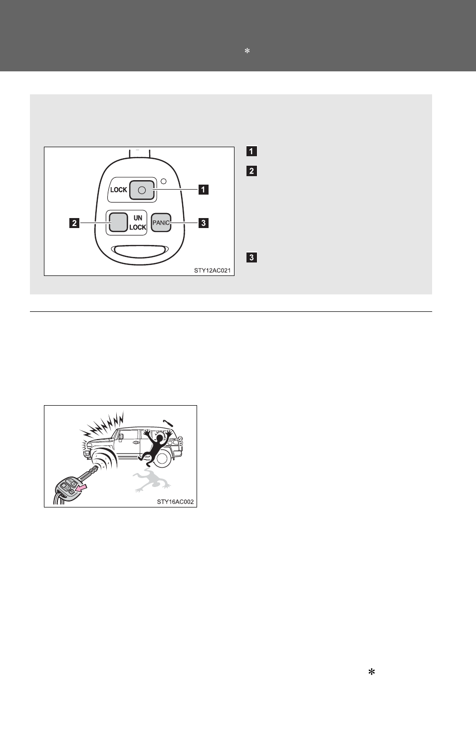 Sec_1-2, Wireless remote control, Locks all doors unlocks all doors | Sounds alarm (push and hold) | TOYOTA 2011 FJ Cruiser User Manual | Page 49 / 543