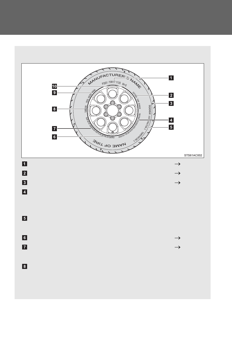 Tire information, Uniform tire quality grading, Tubeless or tube type | 1. specifications, Typical tire symbols | TOYOTA 2011 FJ Cruiser User Manual | Page 501 / 543