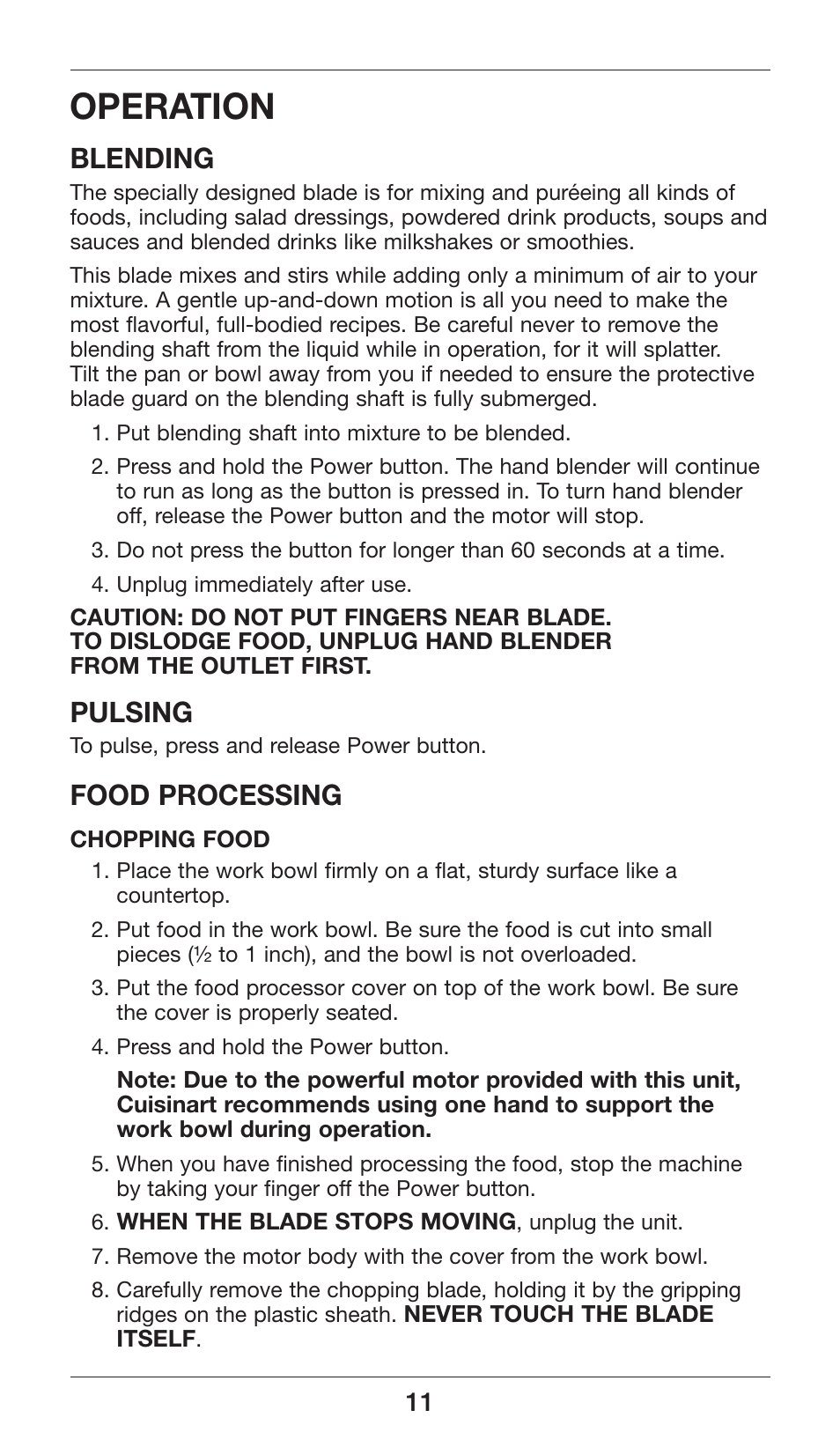Operation, Blending, Pulsing | Food processing | Cuisinart Smart Stick Power Trio High Torque Hand Blender CSB-80 User Manual | Page 11 / 37