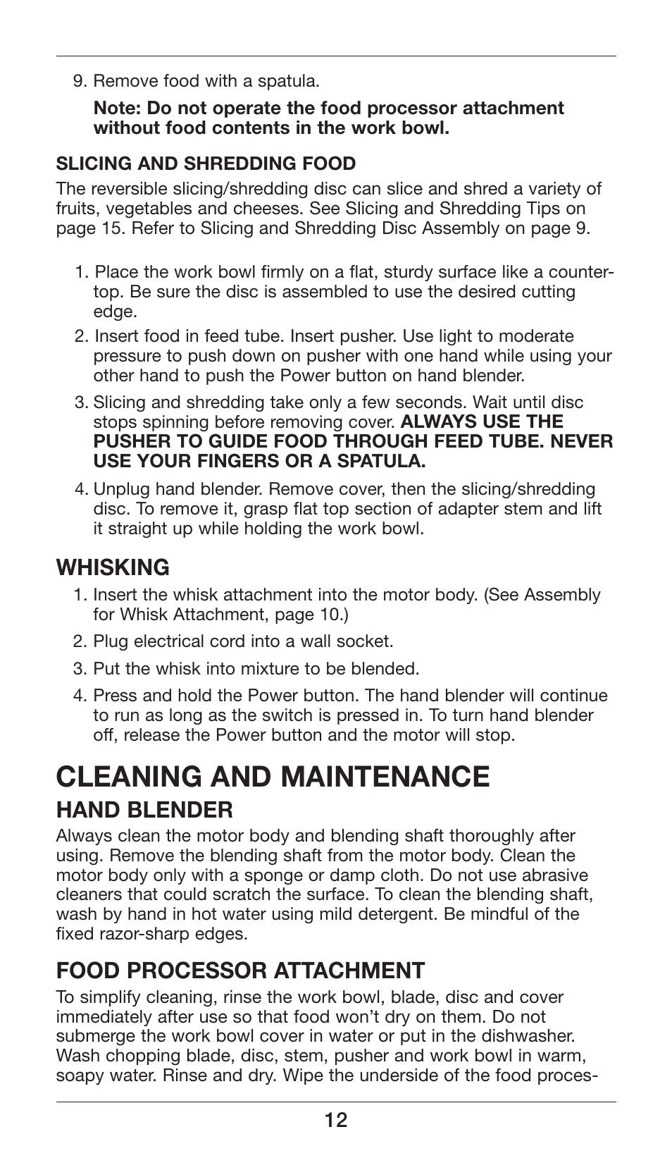 Cleaning and maintenance, Whisking, Hand blender | Food processor attachment | Cuisinart Smart Stick Power Trio High Torque Hand Blender CSB-80 User Manual | Page 12 / 37