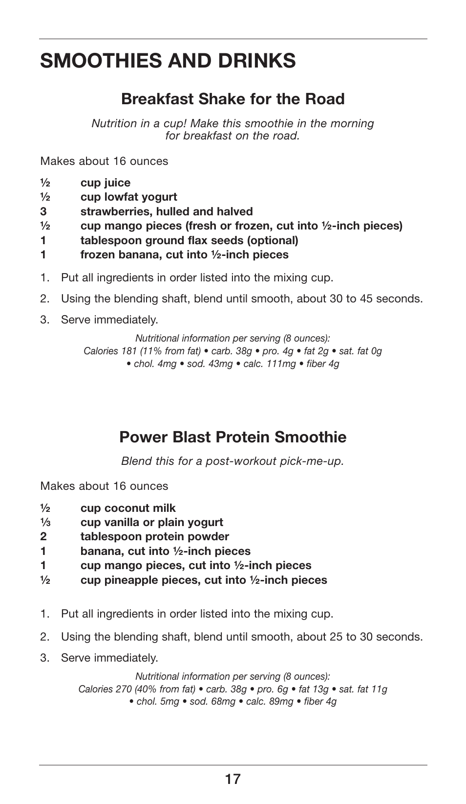 Smoothies and drinks, Breakfast shake for the road, Power blast protein smoothie | Cuisinart Smart Stick Power Trio High Torque Hand Blender CSB-80 User Manual | Page 17 / 37