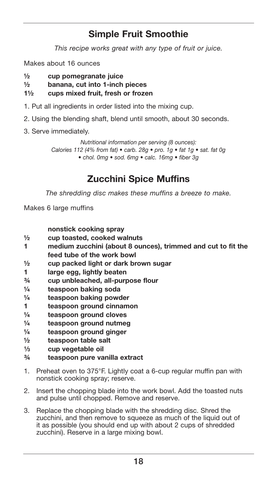 Simple fruit smoothie, Zucchini spice muffins | Cuisinart Smart Stick Power Trio High Torque Hand Blender CSB-80 User Manual | Page 18 / 37